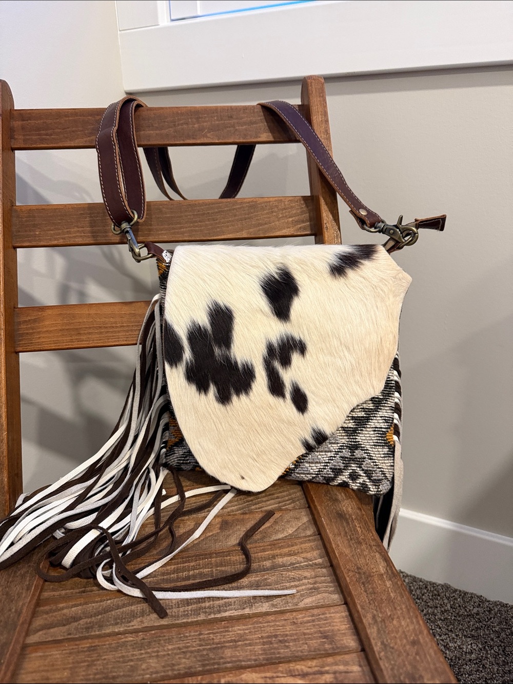 Myra Bag Cowhide Geometric Fringe Crossbody Purse Western Boho